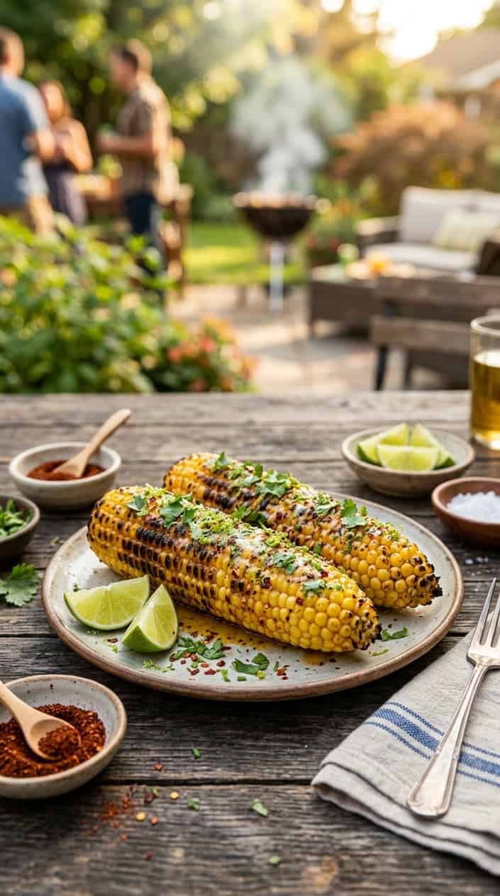 Grilled corn on the cob with chili-lime butter on a wooden table with bowls of chili powder, lime wedges, and herbs.