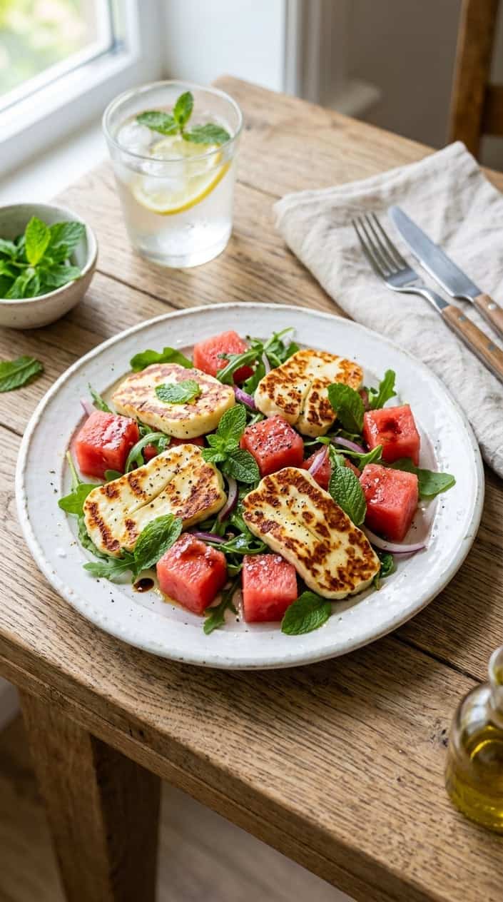Plate of grilled halloumi cheese and watermelon salad with mint on a wooden table.