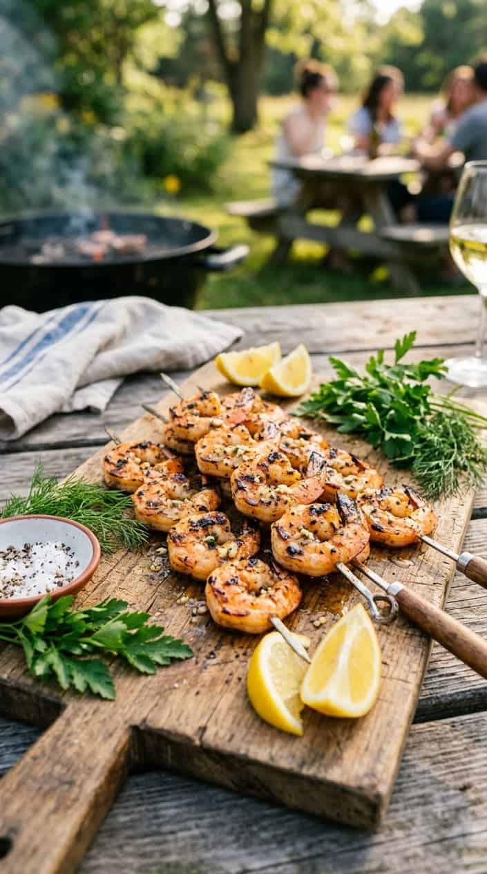 Grilled lemon-garlic shrimp skewers on a wooden board with lemon wedges and parsley, set in an outdoor BBQ setting.