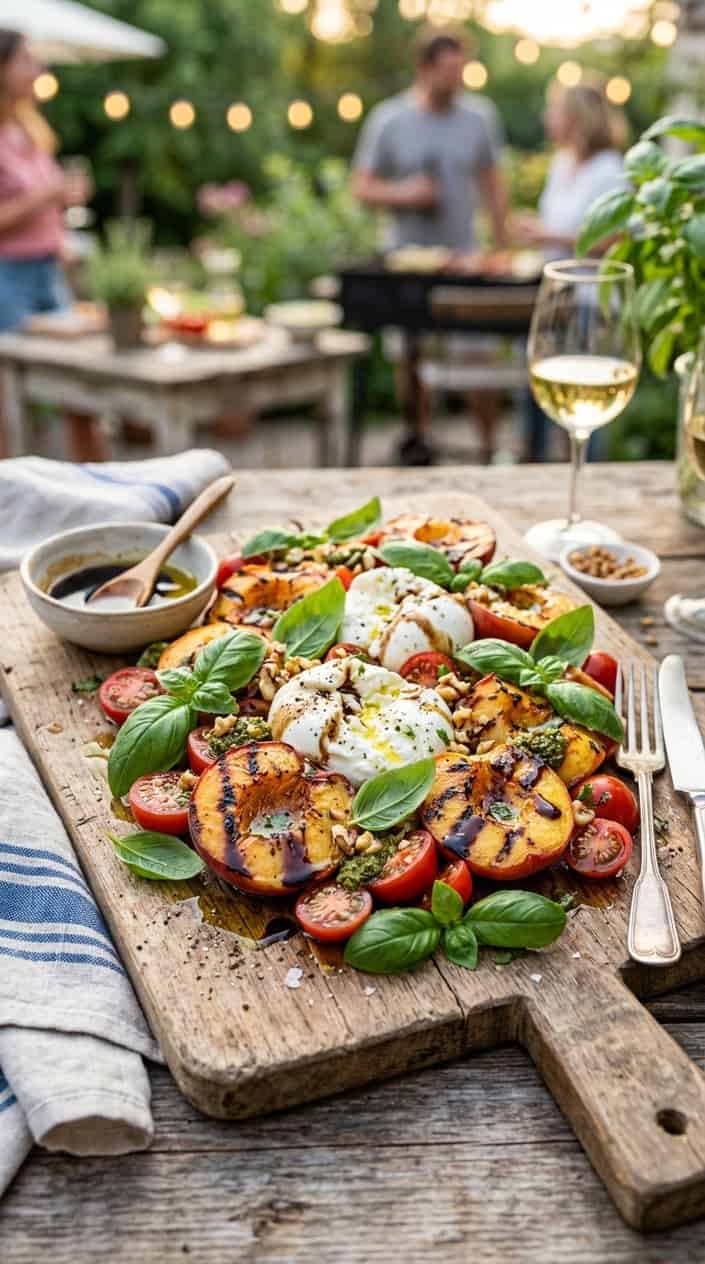 BBQ Side Dishes for a Memorial Day Cookout 8 A grilled peach Caprese salad with burrata cheese, fresh basil, cherry tomatoes, and balsamic glaze on a wooden board.