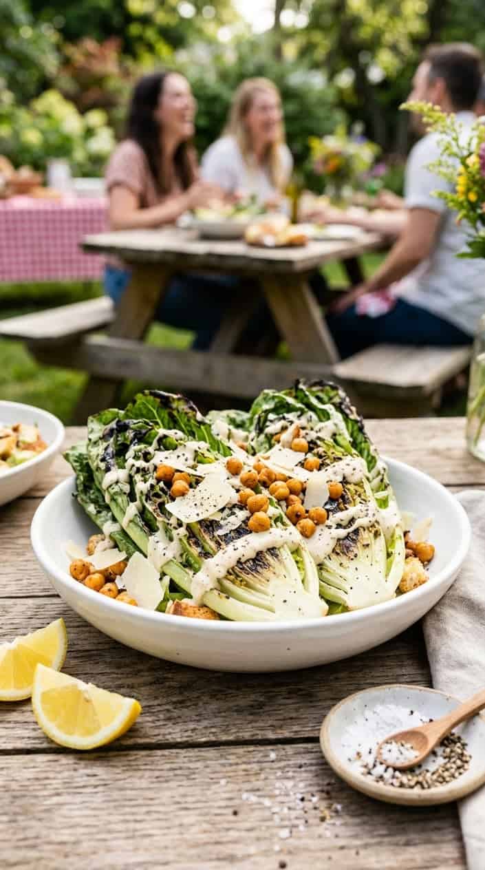 Grilled romaine Caesar salad with crispy chickpeas in a bowl on a wooden table.
