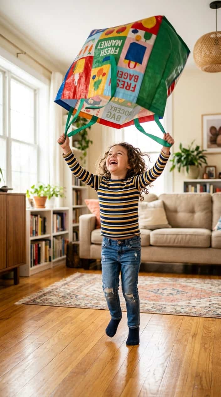 A child playing indoors holding a grocery bag above their head like a parachute in a living room.