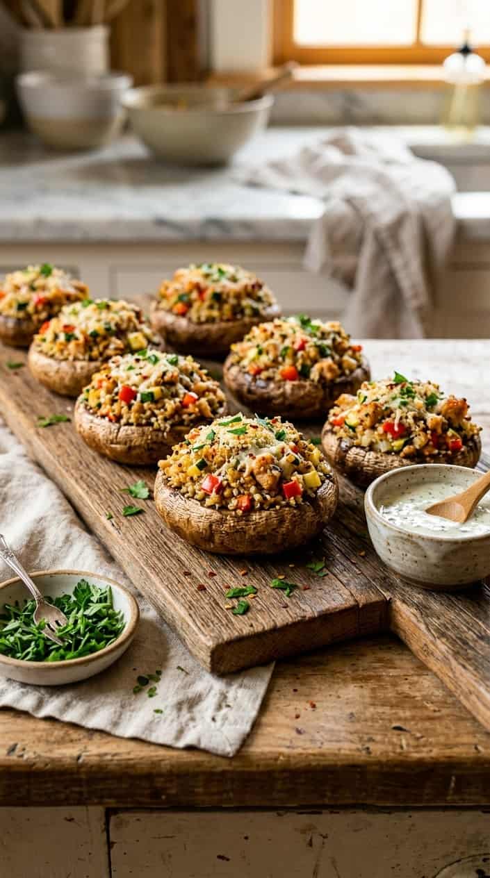 Close-up of stuffed mushrooms filled with ground chicken and quinoa on a wooden board with fresh herbs.