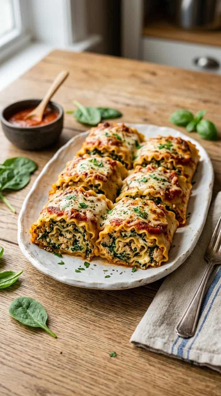 A platter of baked ground chicken and spinach lasagna roll-ups with melted cheese on a wooden table.
