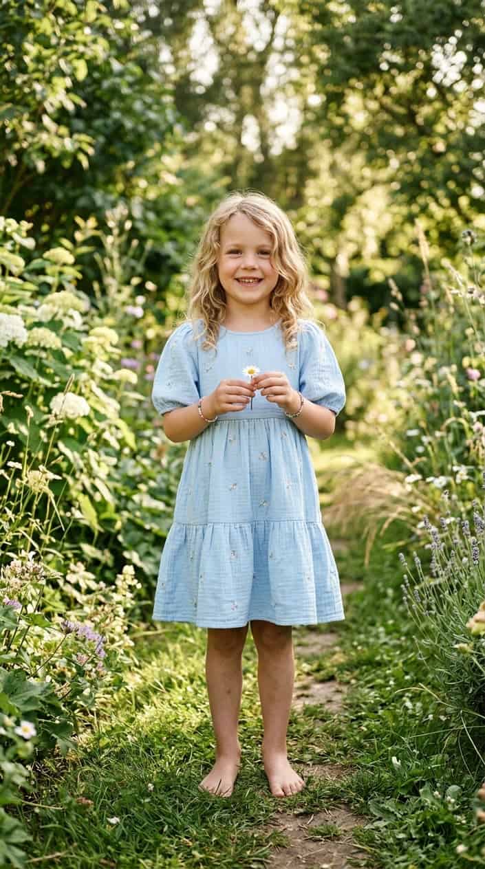 Comfortable Children's Dresses That Still Look Nice 14 A young girl stands outdoors wearing a light cotton smock dress, smiling softly in a green park setting.