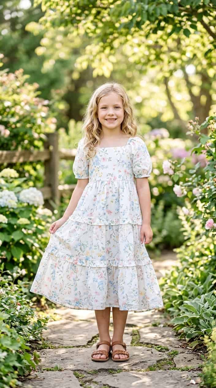 Kids' Designer-Look Dresses on a Budget 3 A young girl standing outdoors wearing a light floral tiered dress, smiling with greenery in the background.
