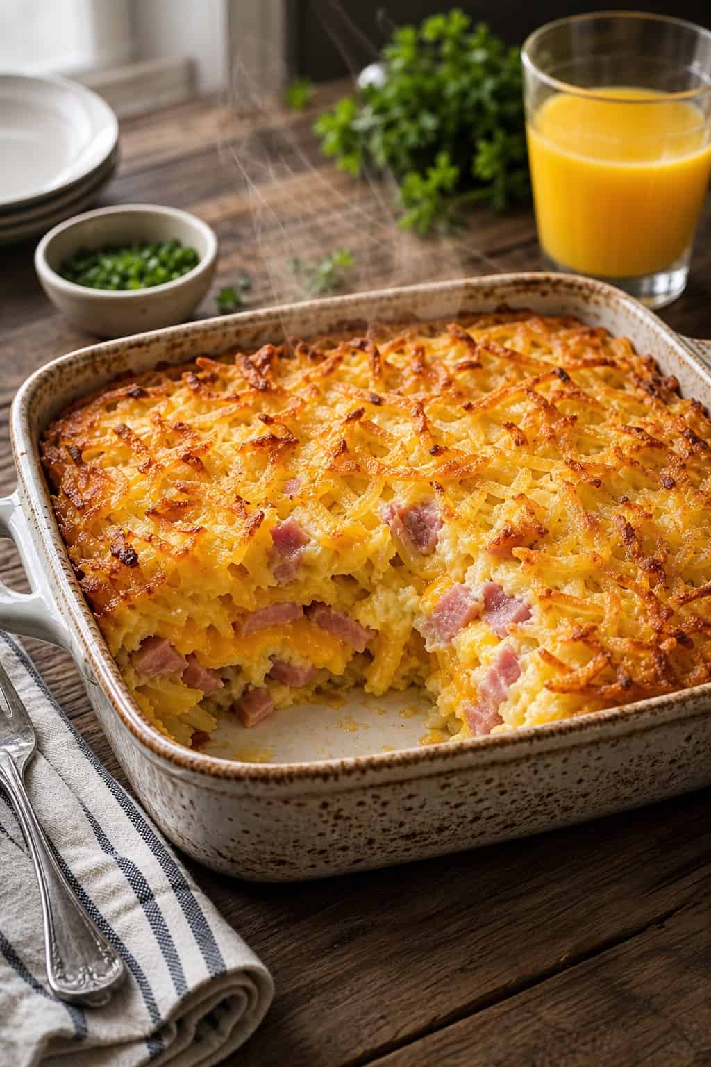 A ham and cheese hashbrown casserole in a round ceramic dish with a golden, slightly crisped top, sitting on a wood table with a glass of orange juice and a fork resting nearby.