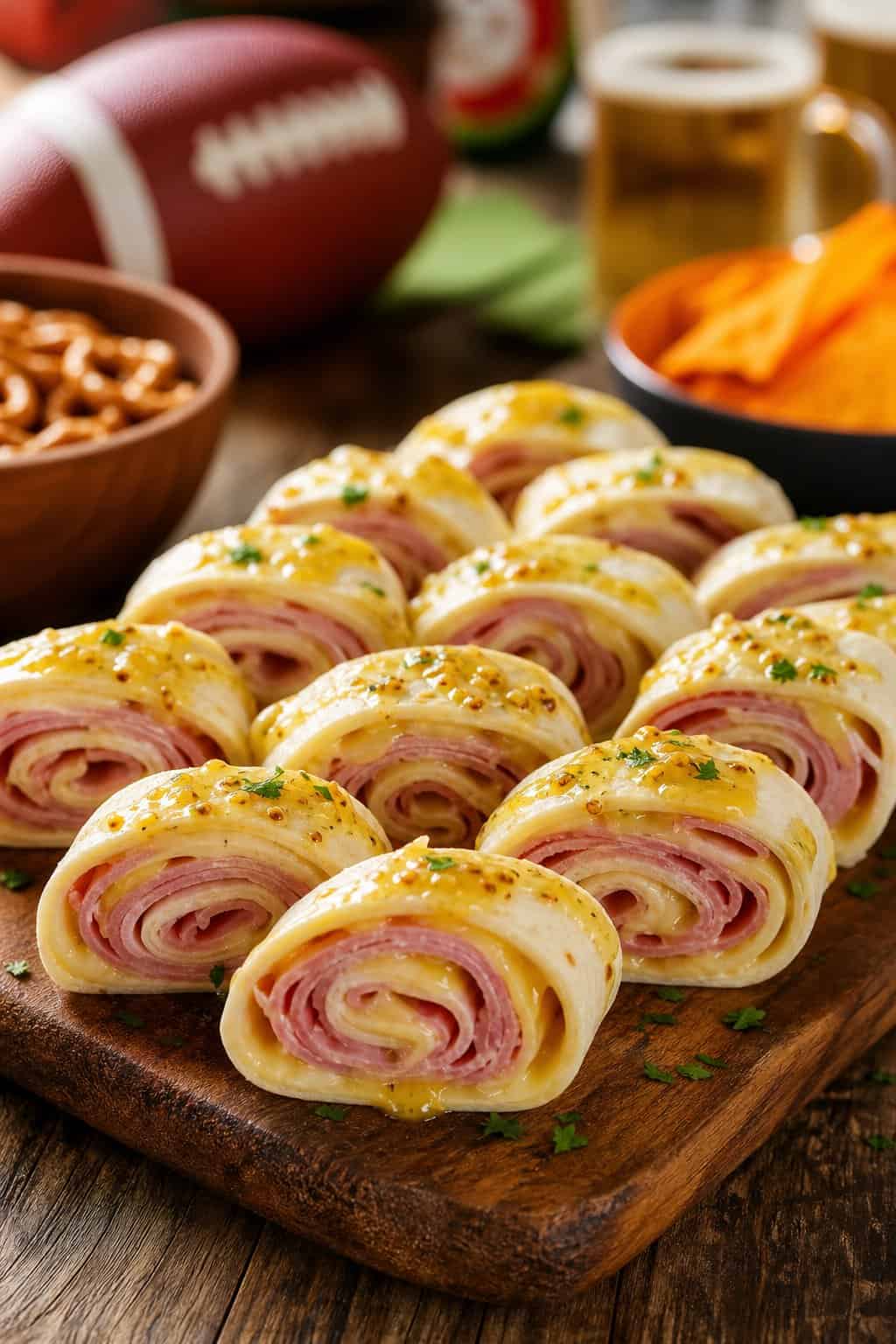 A platter of ham, Swiss cheese, and honey mustard pinwheel appetizers showing pale yellow cheese and pink ham layers inside sliced flour tortilla rolls on a wooden board.