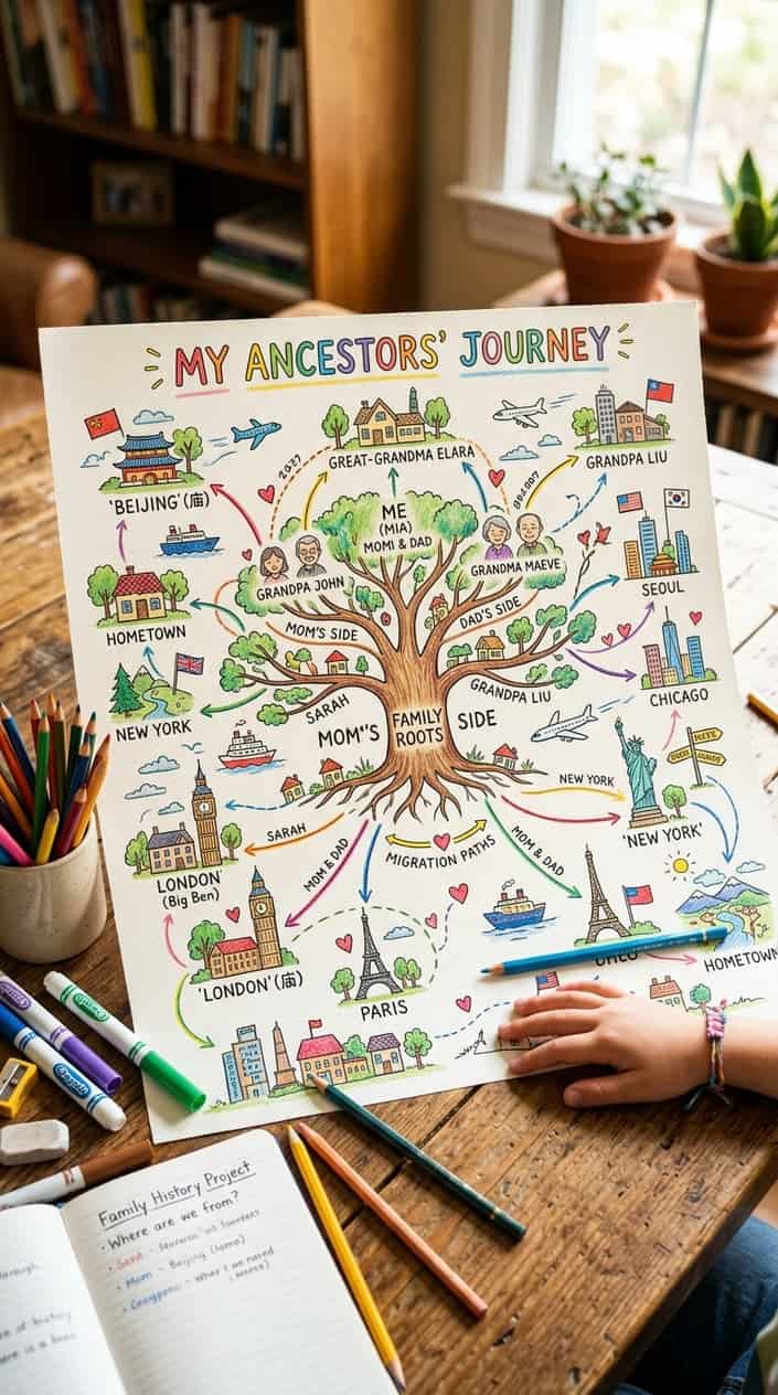 12 Family Tree Project Ideas for Kids That Actually Teach Them Something About Family 4 A hand-drawn map on cream paper showing connected hometowns with colored pen labels, drawing tools resting on a wooden table beside it.