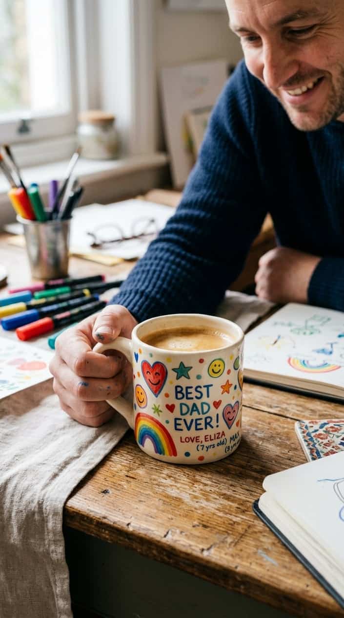 A hand-painted coffee mug with colorful childlike drawings sitting on a table with art supplies in the background.