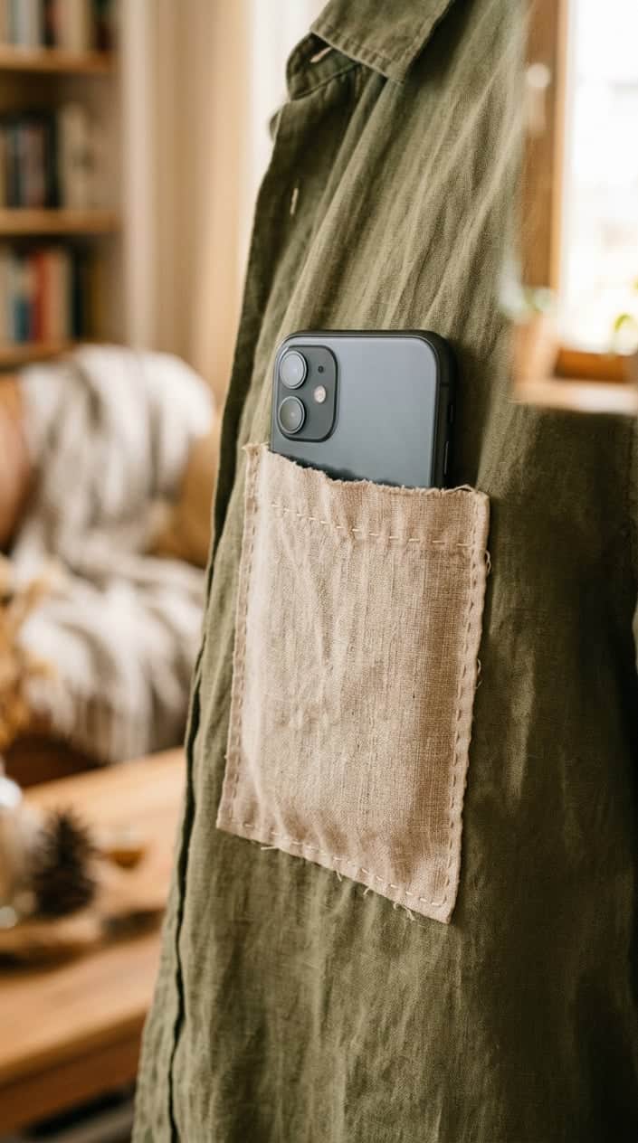 Close-up of a hand-sewn fabric pocket holding a smartphone on a piece of clothing.