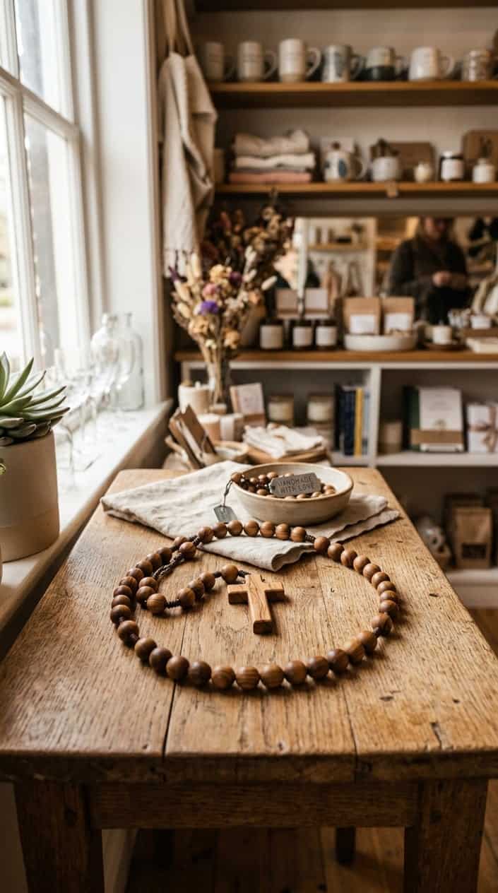 A handcrafted wooden rosary with smooth beads and a wooden cross displayed on a rustic wooden table inside a small shop with shelves of handmade items in the background.
