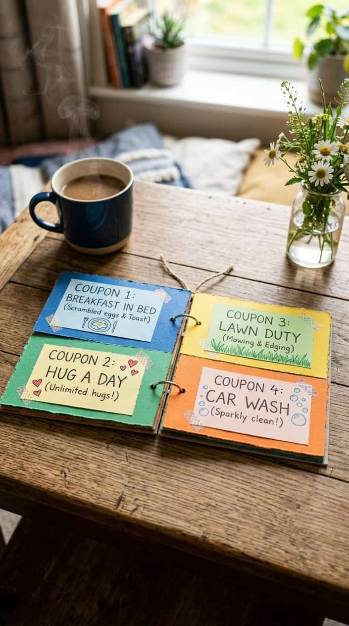 Handwritten coupon book with colorful chore coupons on a wooden table, surrounded by a cup of coffee and flowers.