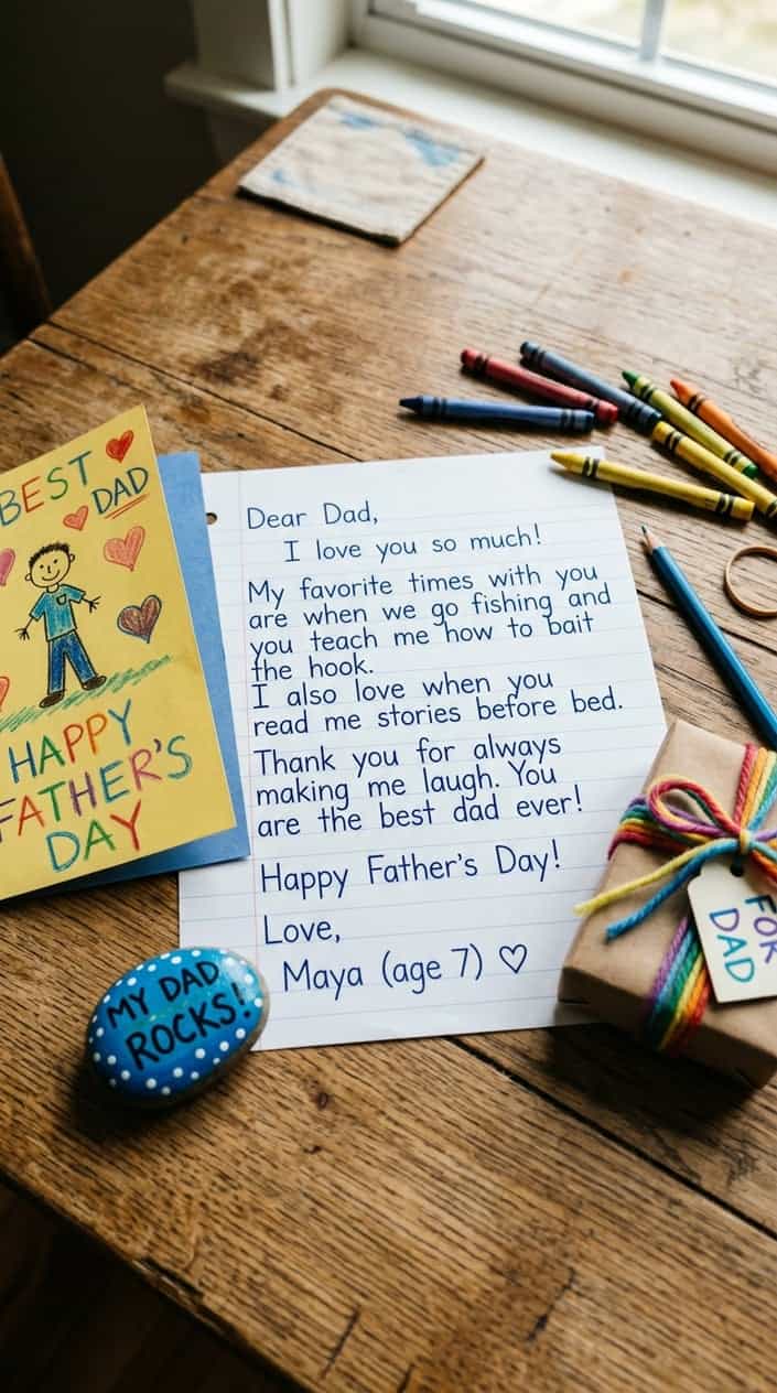 A handwritten letter about favorite Dad moments on a table surrounded by small handmade Father's Day gifts and crayons.
