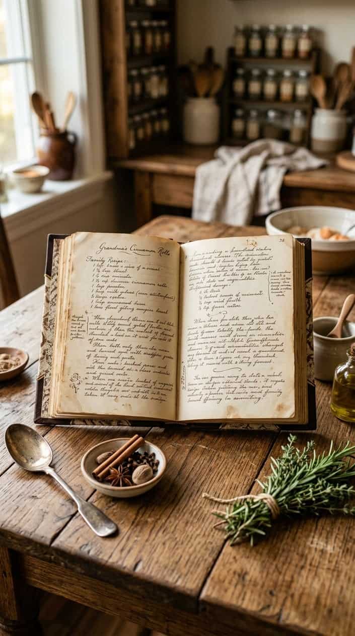 An open handwritten recipe book on a wooden table with kitchen items nearby.