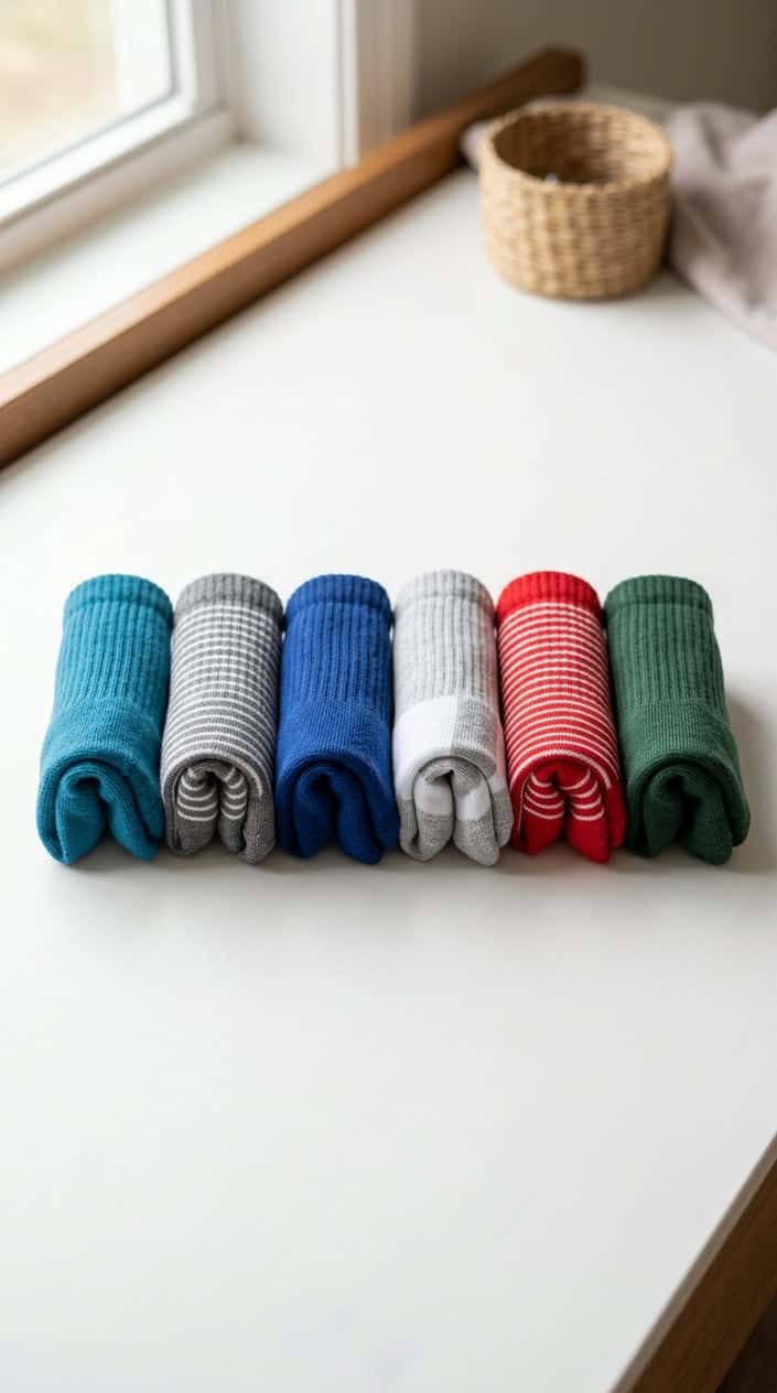 A set of six colorful kids' crew socks arranged neatly on a white background.