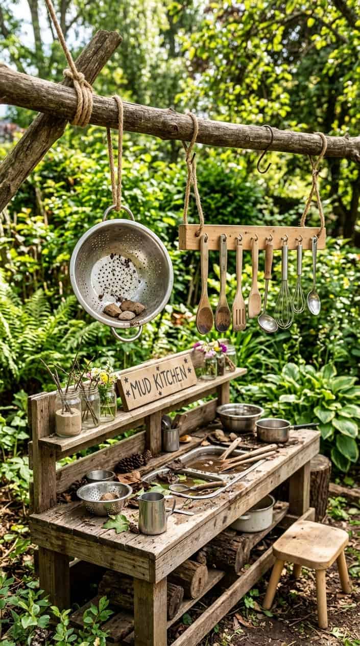 12 Mud Kitchen Setups for Kids (Using Mostly Stuff You Already Have Outside) 11 Outdoor children's mud kitchen setup with a colander and utensil rack hanging from a sturdy tree branch surrounded by greenery.