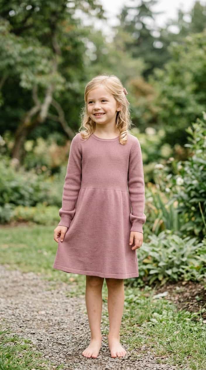 A young girl standing outdoors wearing a long-sleeve knit dress, smiling gently with greenery in the background.