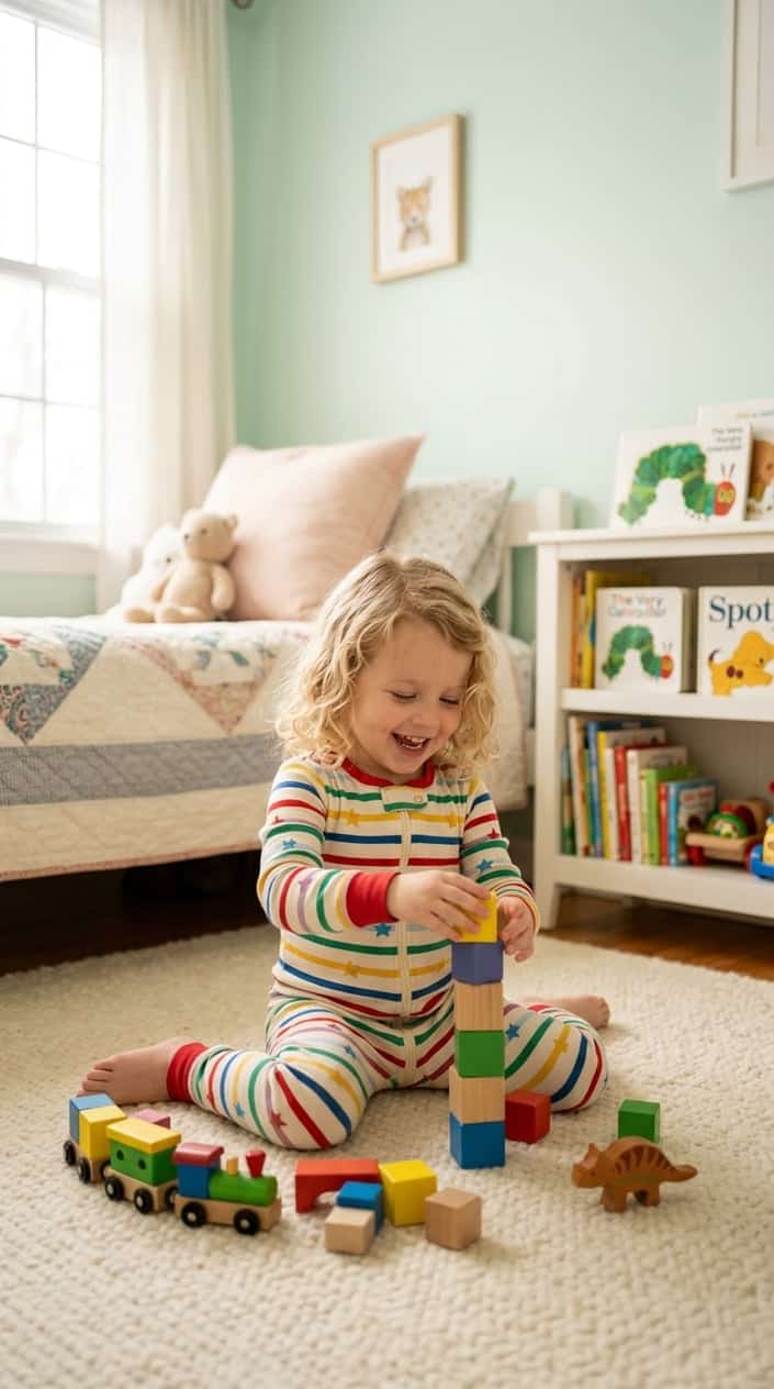 A young child wearing colorful zip-up pajamas playing in a bright, cozy bedroom.