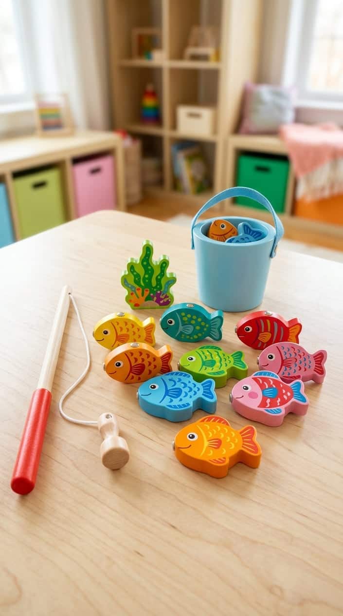 A wooden magnetic fishing toy set with colorful fish and a fishing rod arranged on a wooden surface.