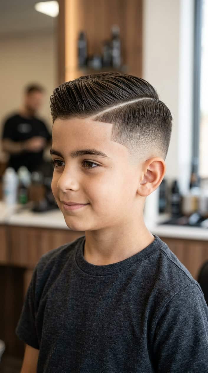 Portrait of a young boy with a hard part and low fade haircut, looking slightly to the side.