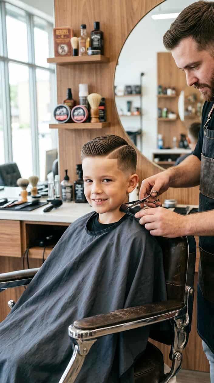 A young boy sitting in a barber chair with a hard part and tapered back haircut, while a barber styles his hair in a barbershop.
