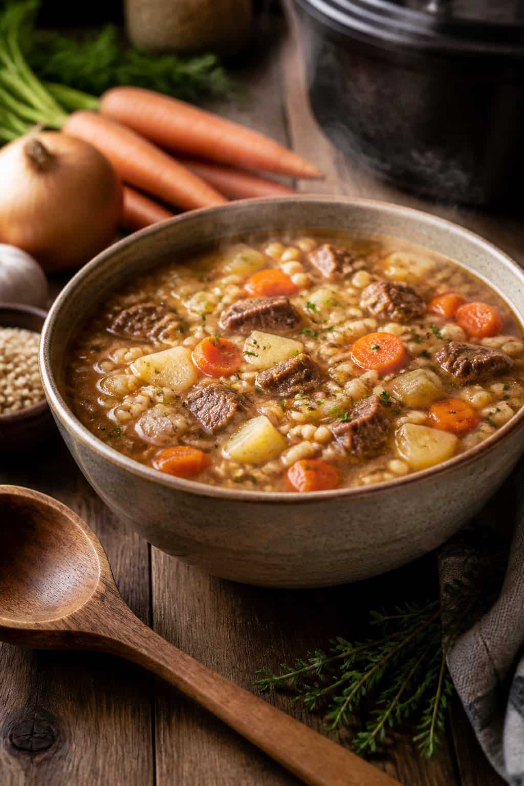 A bowl of beef barley and root vegetable soup on a wooden table with fresh vegetables and herbs nearby.