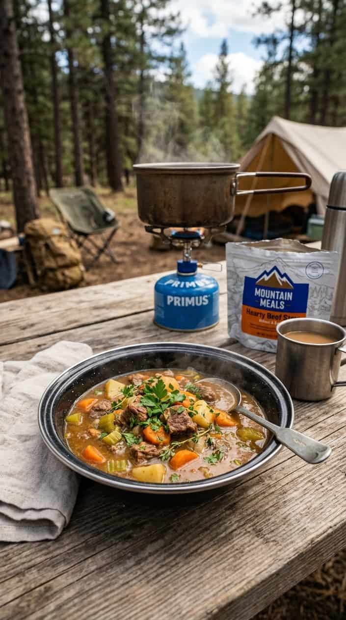 17 Camping Meals You Can Prep Ahead and Heat Over a Single-Burner Stove 6 A bowl of steaming beef stew with vegetables on a wooden table outdoors, next to a camping stove and foil pouch, with a blurred forest background.