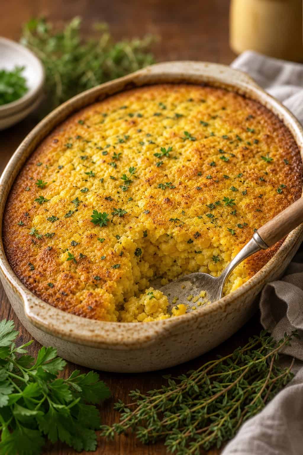 A golden-brown corn casserole in a white ceramic dish garnished with small fresh thyme sprigs and a scatter of flat-leaf parsley on a wooden table.