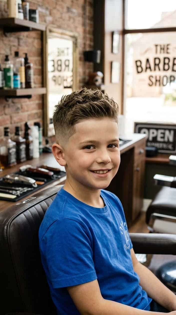 A young boy with a fresh haircut smiling inside a modern barbershop.