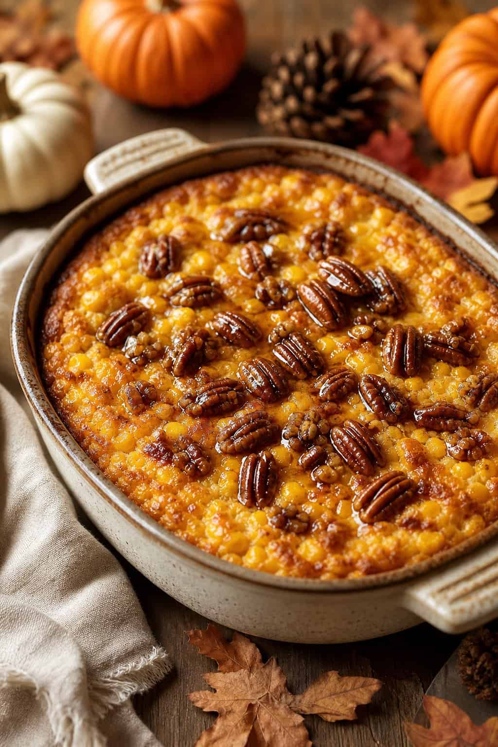 A baked corn casserole with a caramelized maple glaze and a full topping of chopped pecans on a wooden table with small decorative autumn gourds and a bottle of maple syrup nearby.