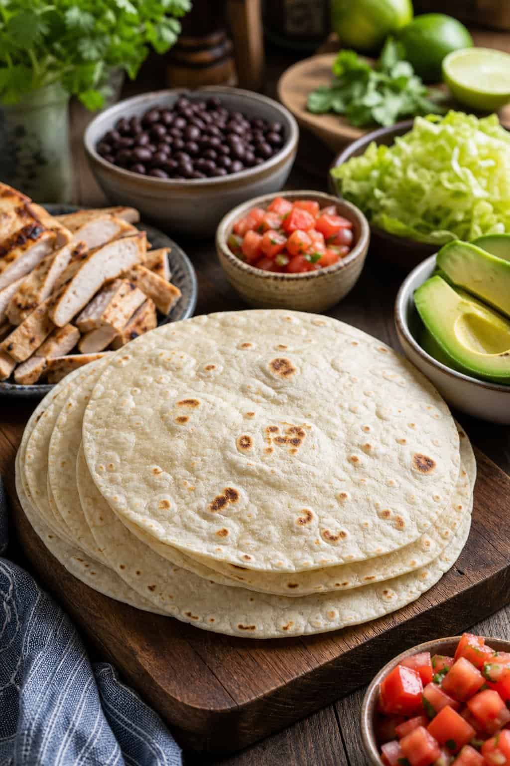 Fresh homemade flour tortillas on a wooden board with burrito ingredients like grilled chicken, beans, lettuce, tomatoes, and avocado nearby.