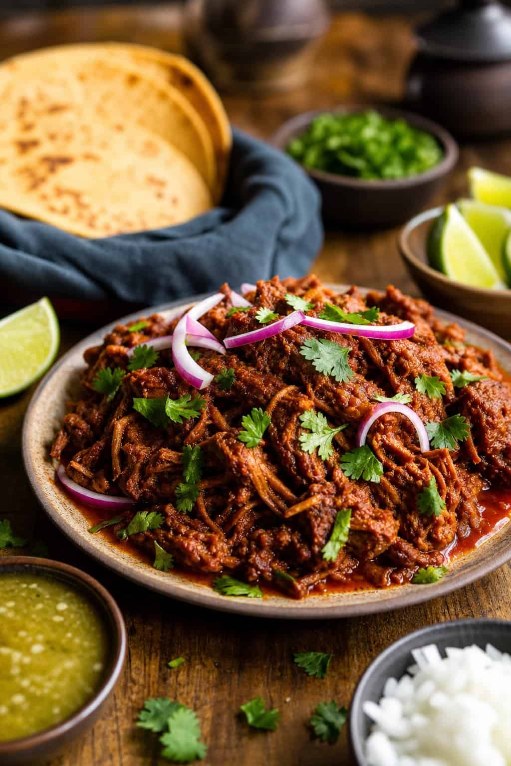 Plate of shredded guajillo steak carnitas garnished with cilantro and onions, with tortillas, salsa, and lime wedges on a wooden table.