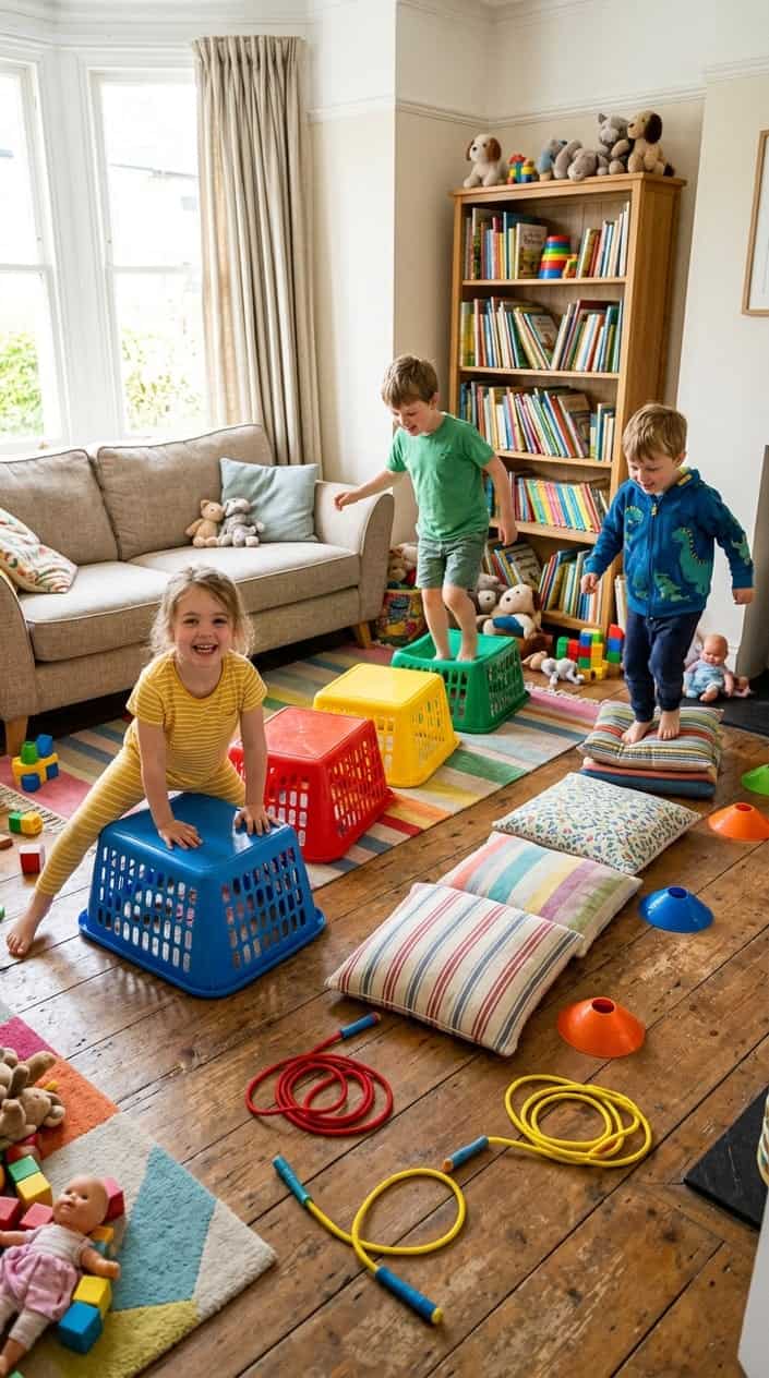 Children playing on a homemade indoor obstacle course made with colorful laundry baskets and household items in a living room.