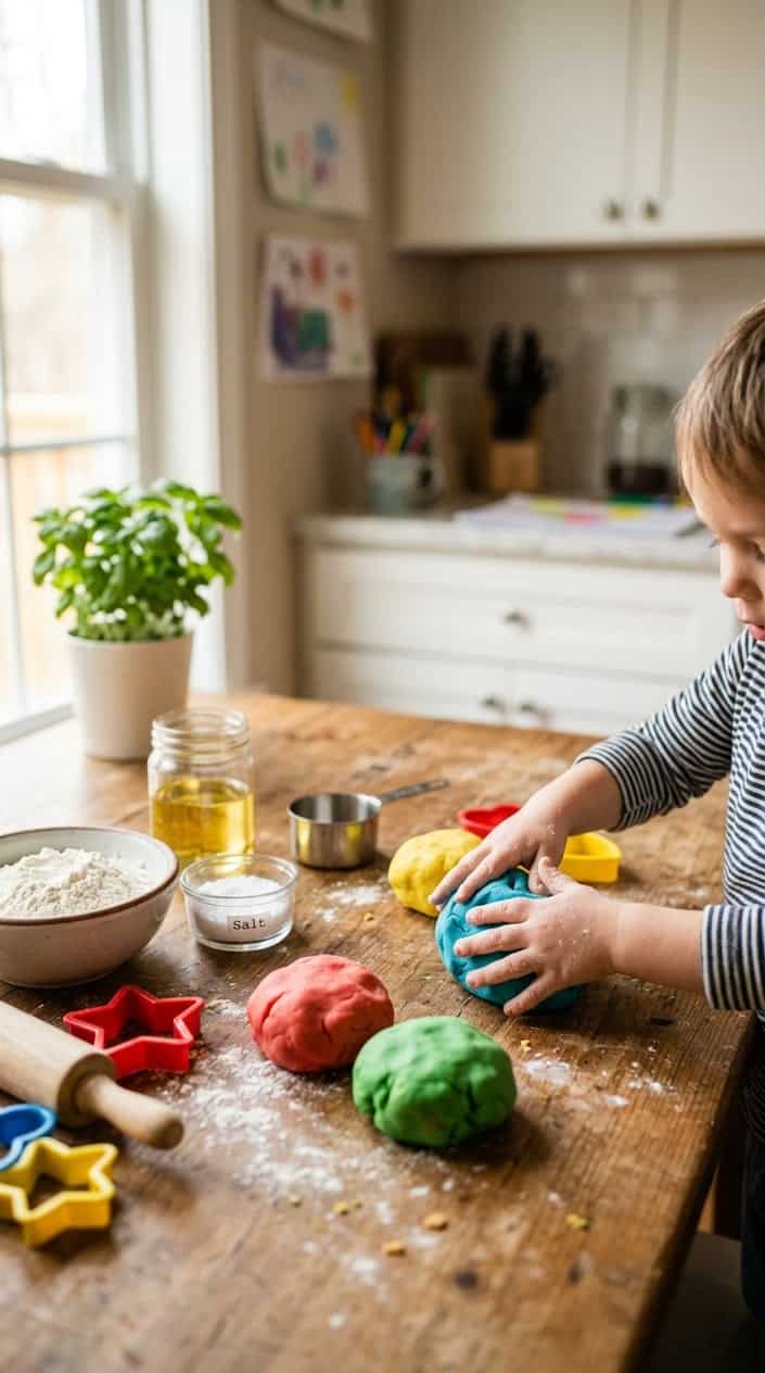 Child's hands shaping colorful homemade play dough on a wooden table with bowls of flour, salt, and oil nearby.