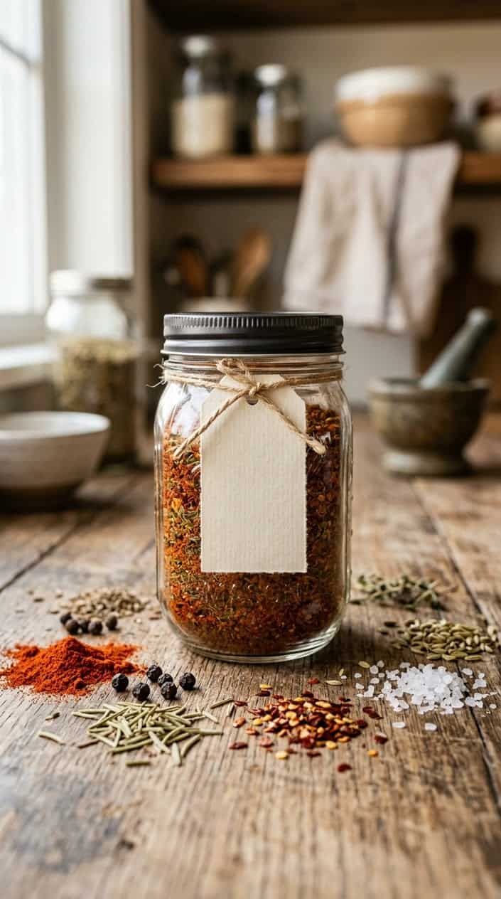 A mason jar filled with homemade spice rub on a wooden surface surrounded by various spices.