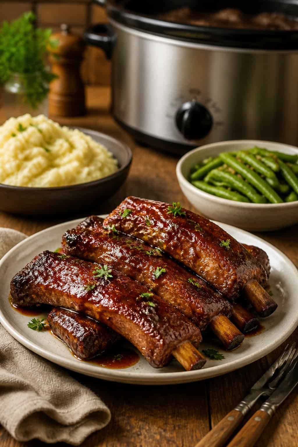 Plate of honey garlic ribs with side dishes on a wooden table and a slow cooker in the background.