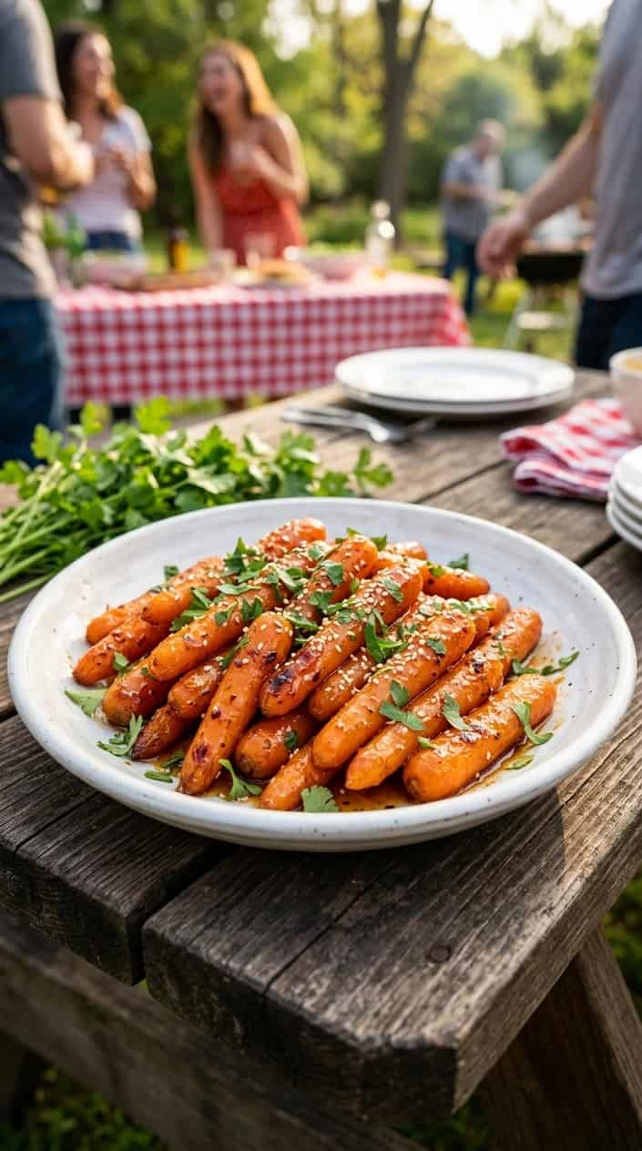 A plate of honey-sriracha glazed baby carrots garnished with fresh herbs on a wooden table.