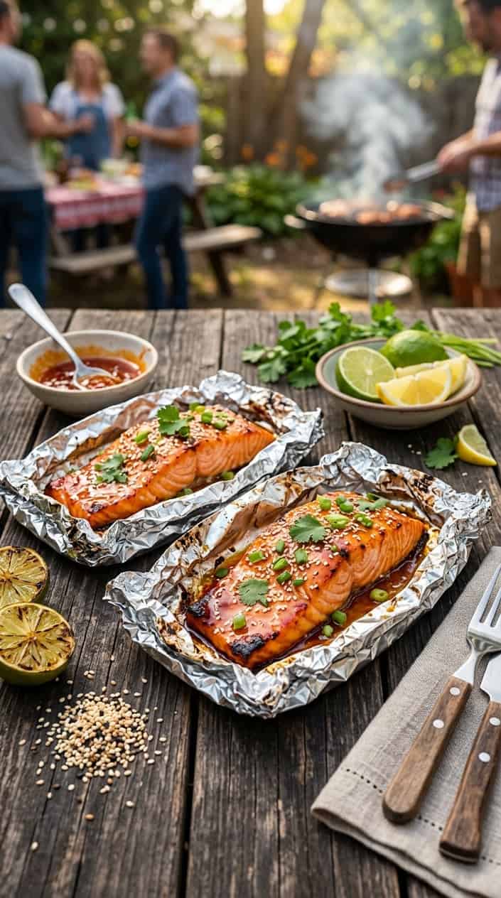 Close-up of honey-sriracha salmon foil packets garnished with sesame seeds and green onions on a wooden table with lemon wedges and sauce.