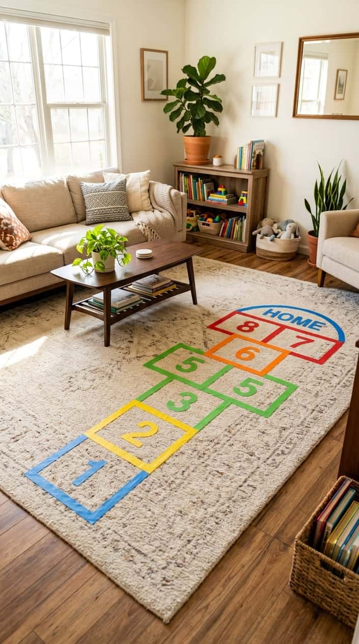 Living room with a hopscotch grid made from painter’s tape on the floor, surrounded by furniture and plants.