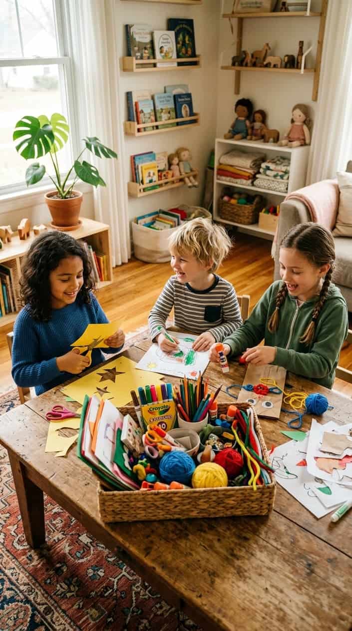 Three children sitting around a table with a craft basket, playing and creating art together independently in a cozy room.