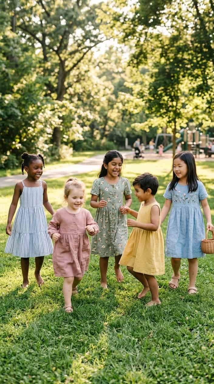 Comfortable Children's Dresses That Still Look Nice 24 Children playing outdoors wearing soft, comfortable dresses that look natural and high quality.