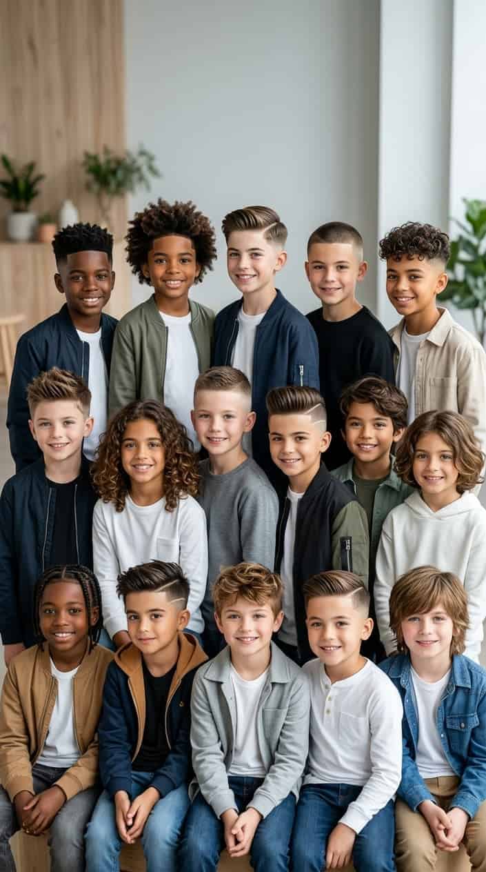A group of boys with various hairstyles posing together indoors.