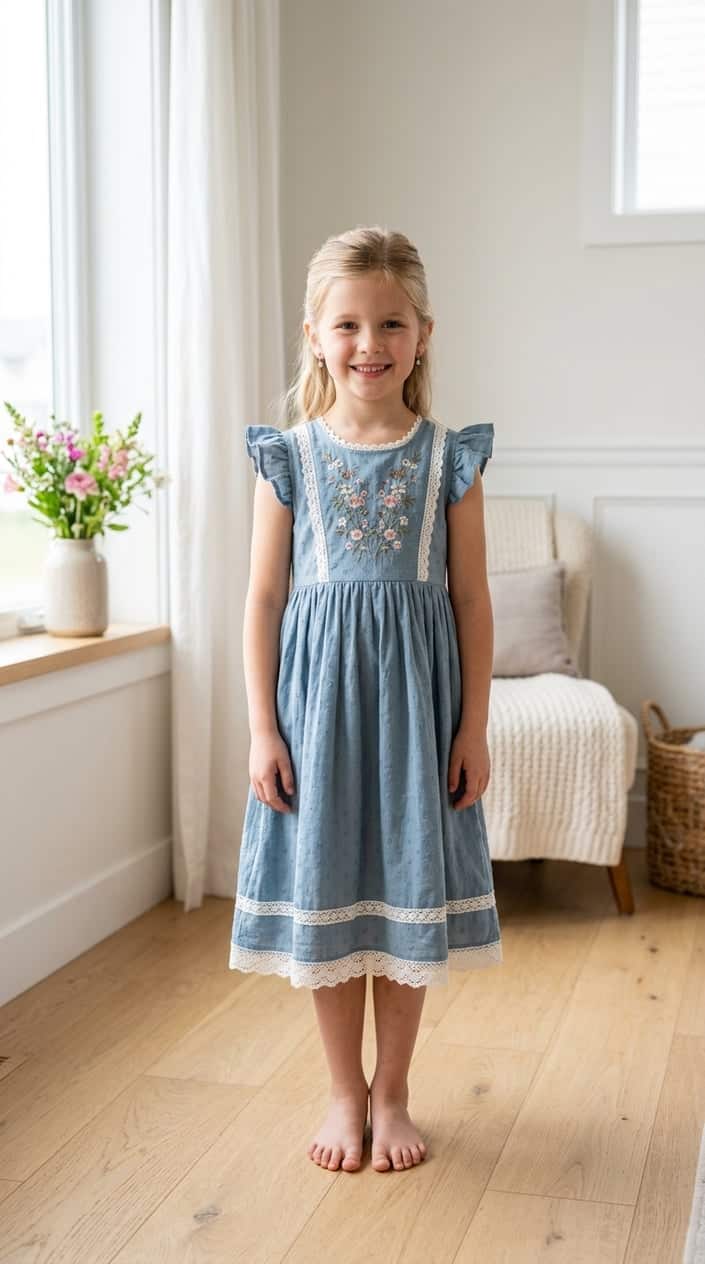A young girl smiling and standing indoors wearing a pretty dress with delicate details.