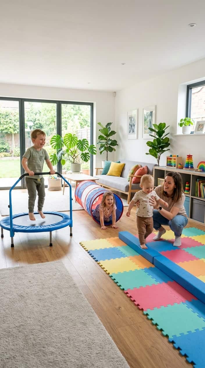 A family with young children playing and moving actively in a spacious living room arranged with mats, a small trampoline, and play equipment.