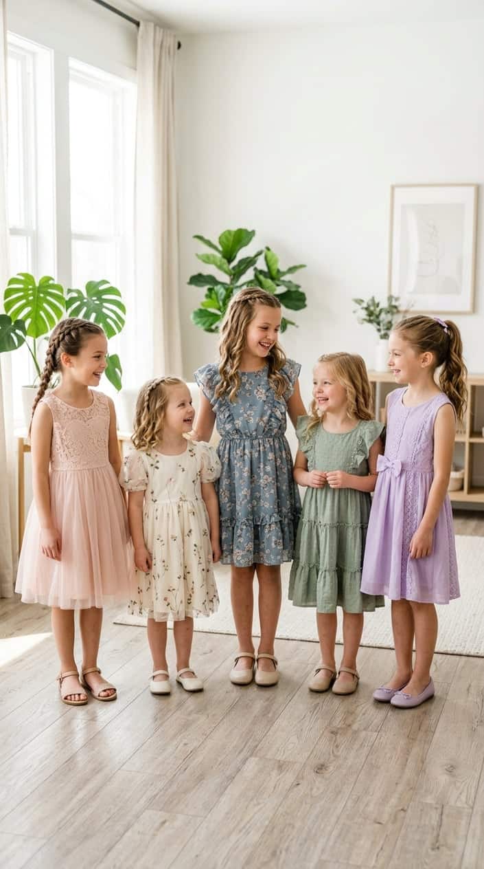 A group of young children wearing stylish dresses, smiling and standing in a bright indoor space.