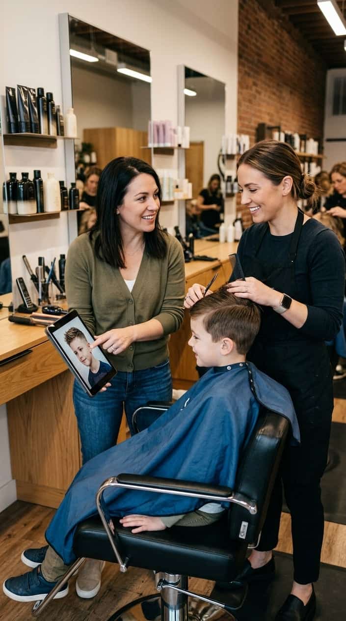 A parent talks with a hair stylist while a young boy sits in a salon chair getting a haircut.