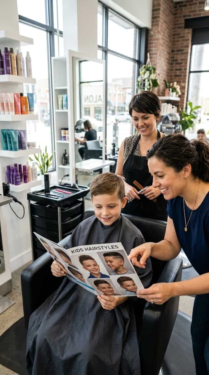 A parent encouraging their child at a hair salon while a hairstylist prepares to cut the child's hair.