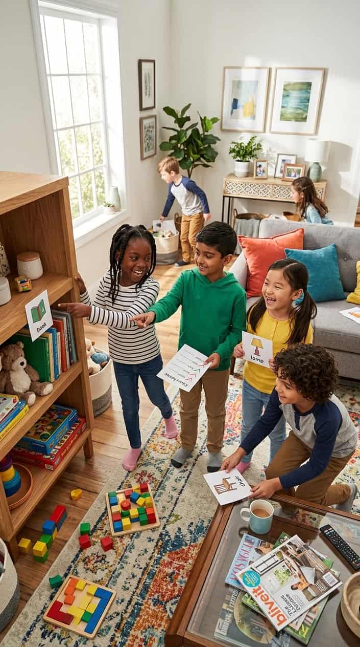 At-Home Kids' Activities Using What You Already Have 2 Children searching for picture clues during an indoor scavenger hunt in a bright living room.