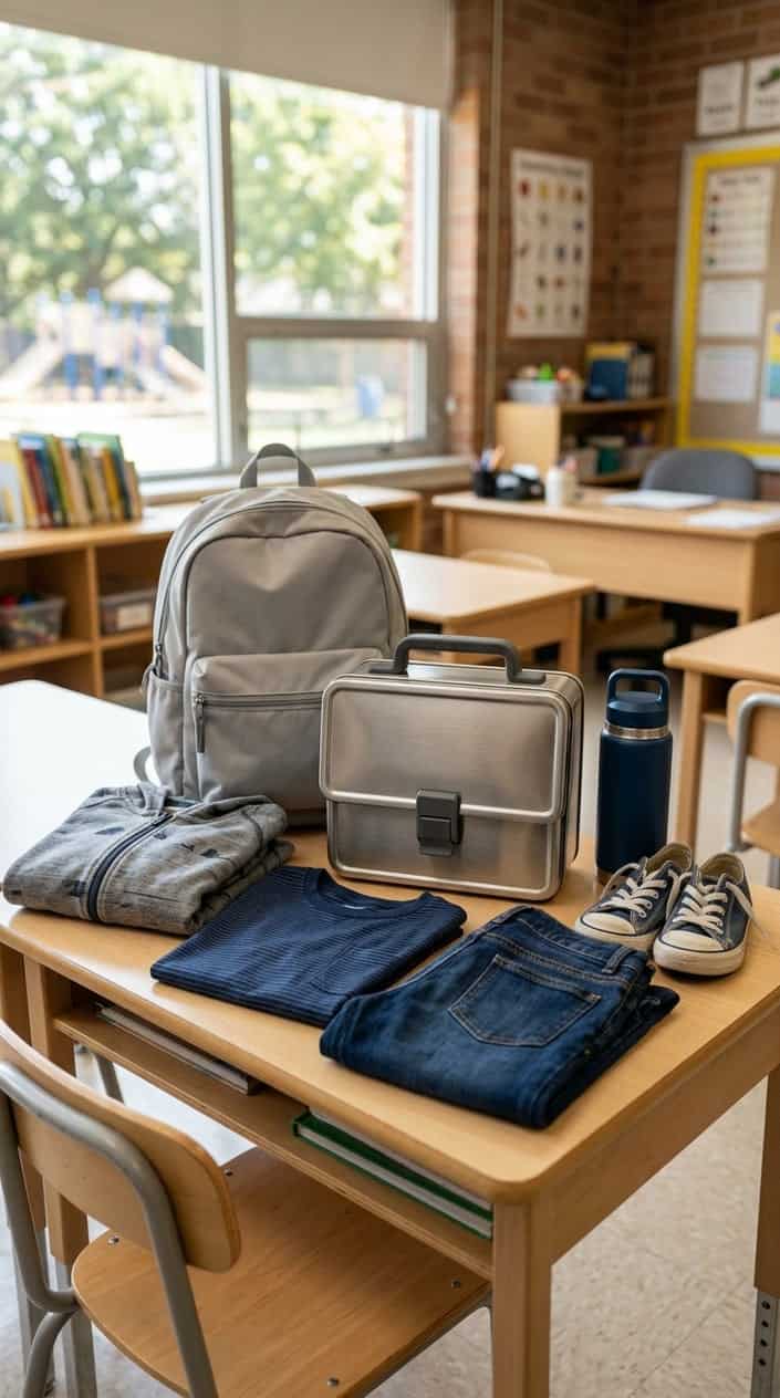 A stainless steel insulated lunchbox on a school desk surrounded by elementary school clothing items like a t-shirt, jeans, jacket, sneakers, and a backpack.